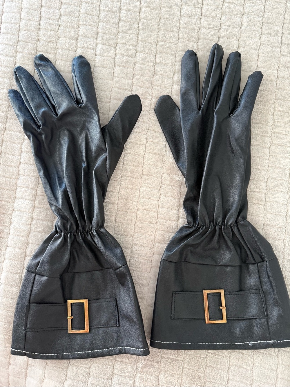 Black Faux Leather Women's Gloves with Gold Buckle Detail